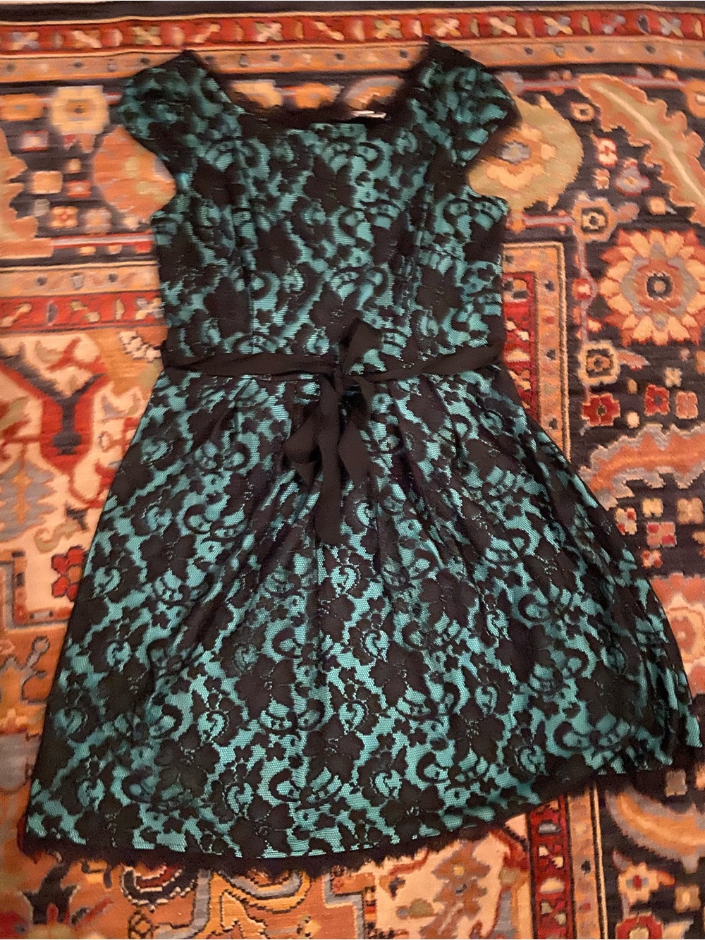 Black Lace Overlay Dress with Teal Underlay